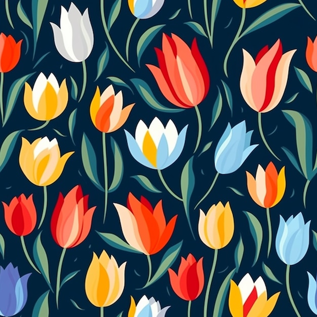 colorful tulips are on a dark blue background.