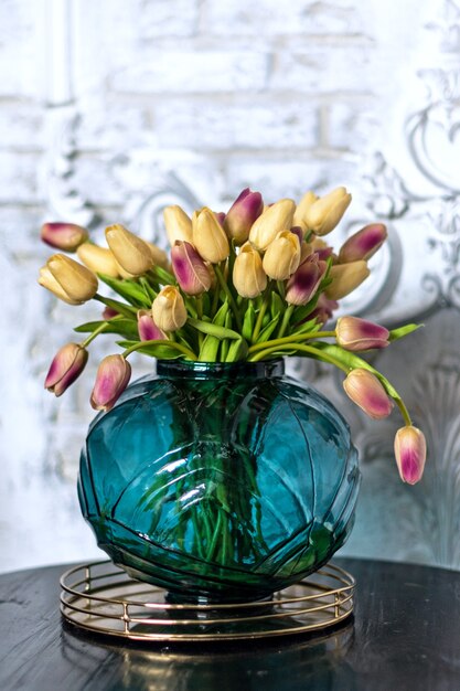 Colorful tulips in a beautiful glass vase