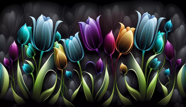 A colorful tulips on a black background