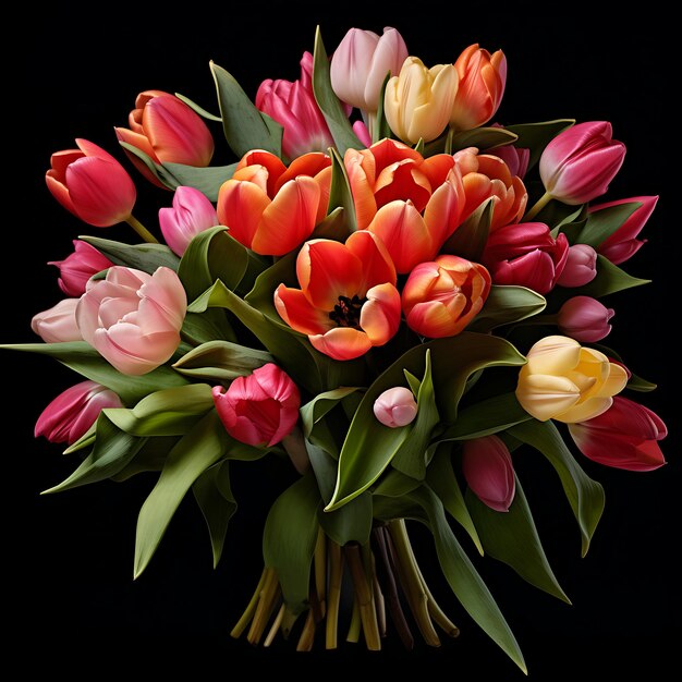 Colorful tulips bouquet on a black background