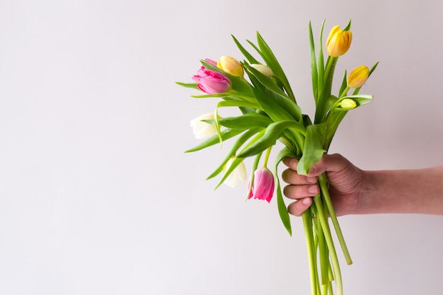 白い背景の上の手でカラフルなチューリップの花束