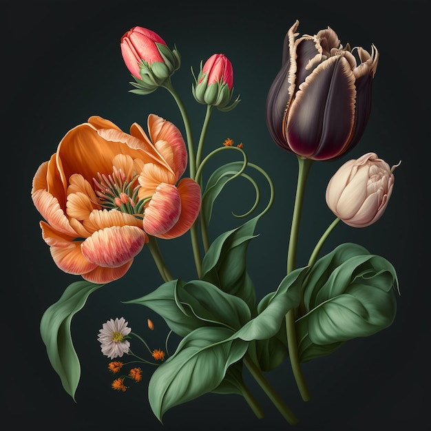 Colorful tulips bouquet with green leaves Fresh flowers on dark background