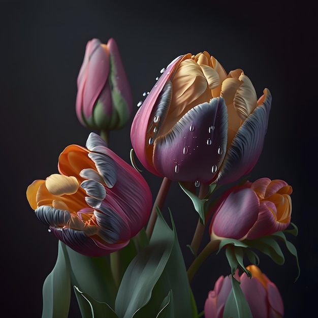 Colorful tulips closeup on dark background Generative AI content