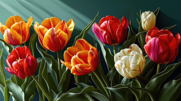 Photo colorful tulips create rainbow inspiration against a light background of spring tenderness