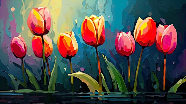 Photo colorful tulips on dark blue background generate ai