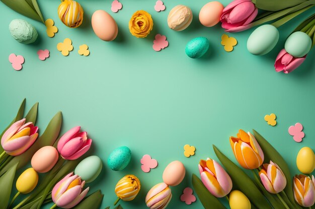 Colorful tulips and eggs lying on teal green background with copy space for easter card