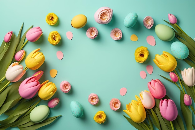 Colorful tulips and eggs lying on teal green background with copy space for easter celebration