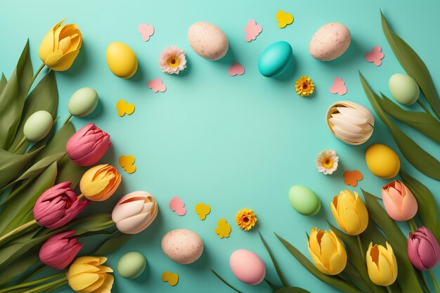 Colorful tulips and eggs lying on teal green background with copy space for easter greeting card