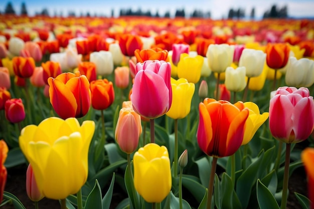 colorful tulips in a field of yellow, red, and pink ones.