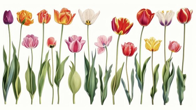 Photo colorful tulips in full bloom with green leaves on a white background