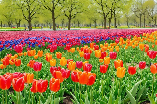 Colorful tulips garden in the green park