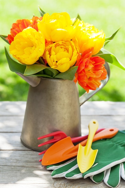 Colorful tulips and garden tools