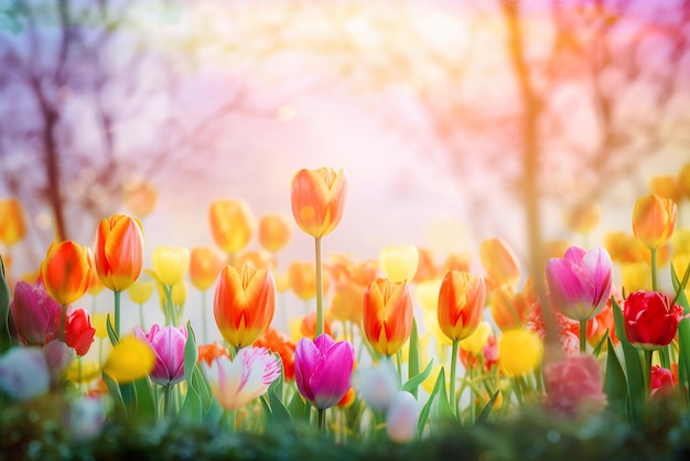 Colorful tulips in a garden with a pink and yellow background