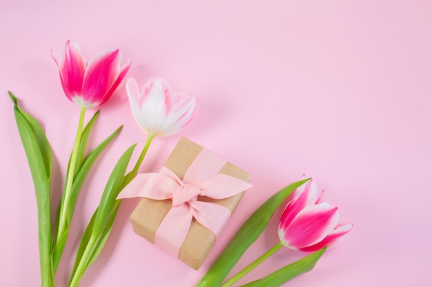 Colorful tulips and gift box on pink surface