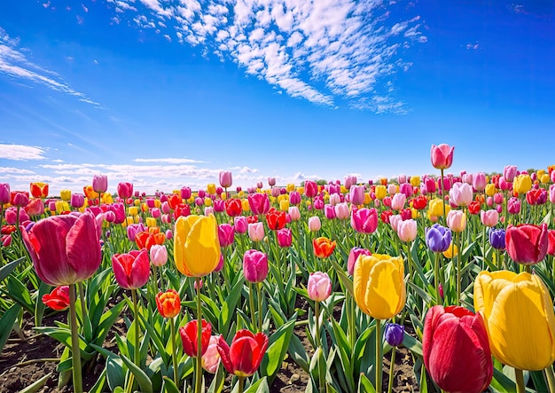 Colorful tulips growing in an agricultural field in sunlight in spring