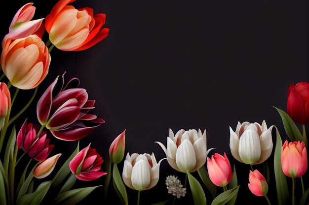 Фото Разноцветные тюльпаны на черном фоне генеративный ai