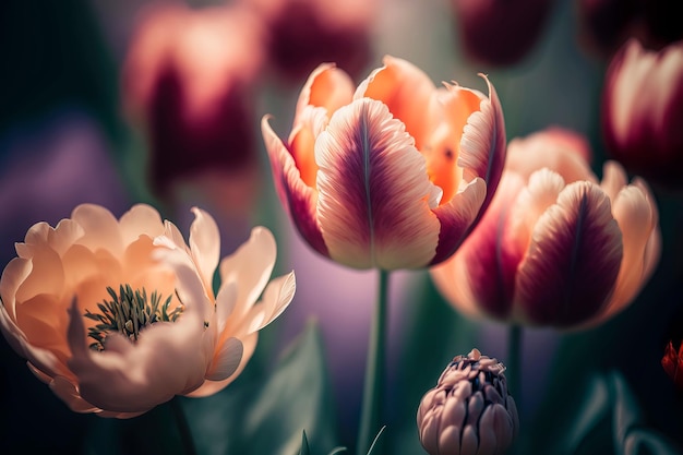 Colorful tulips merging in a pastel colored Generative AI