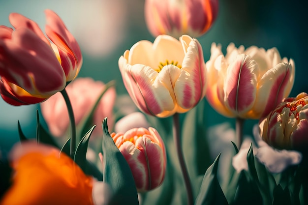 Colorful tulips merging in a pastel colored Generative AI