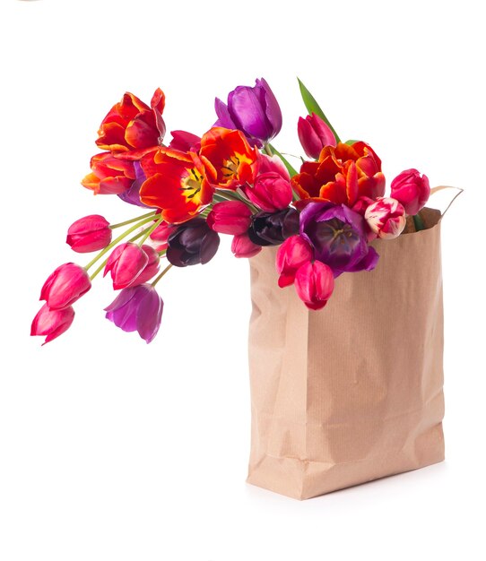 Colorful tulips in a paper bag on a white background.