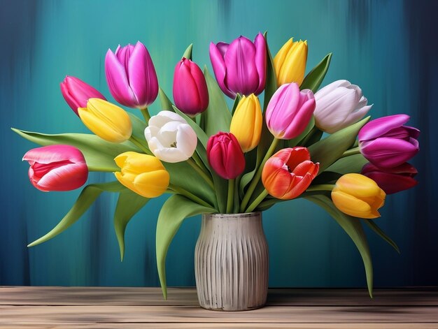 Photo colorful tulips sitting on wooden table with green background