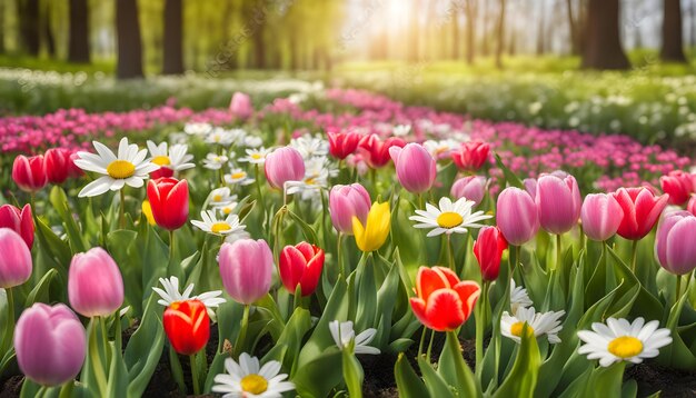 Photo colorful tulips in the spring garden - - stock photo