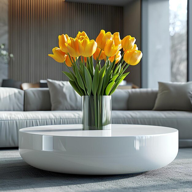 Colorful tulips in a vase in a coffee table