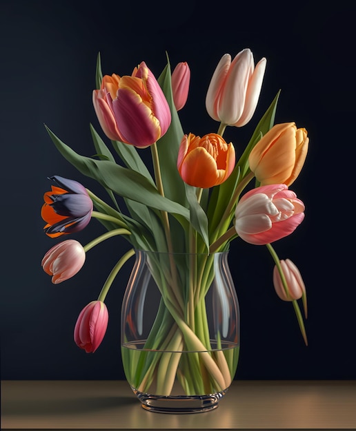Colorful tulips in vase on dark background Generative AI content