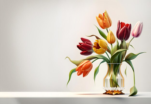 Colorful tulips in vase on pale background Generative AI content