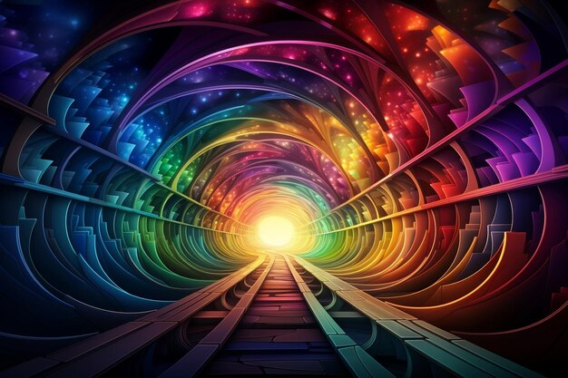 A colorful tunnel with a bright light at the end AI