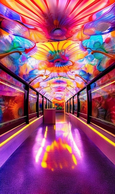 A colorful tunnel with a light on the ceiling