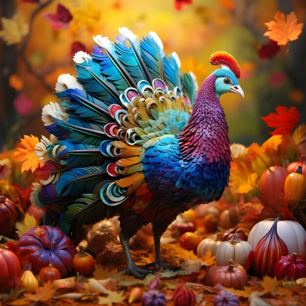 Colorful turkey sits on flowers smudged background Turkey as the main dish of thanksgiving for the harvest An atmosphere of joy and celebration