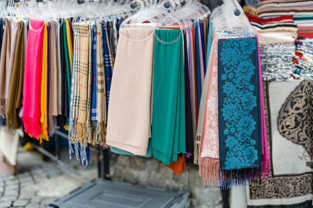 Colorful turkish shawls in street market Turkey Istanbul