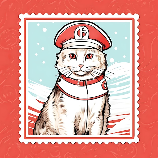 Colorful Turkish Van Cat With Lifeguard Outfit Holding a Tiny Lifebuo Animal Stamp collection idea