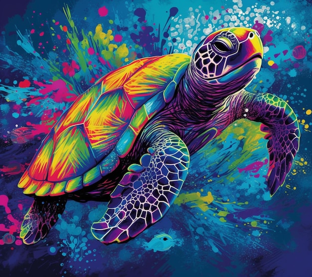 A colorful turtle with a rainbow colored pattern on its face is surrounded by colorful paint.