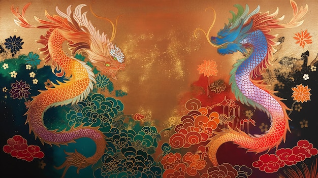 Цветные драконы-близнецы в танце мифа и легенды среди облаков и цветов на золотом холсте