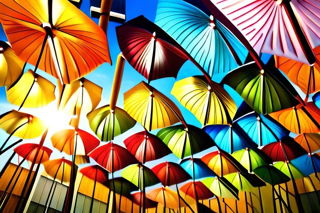 A colorful umbrella is hanging from a ceiling with the sun shining through it