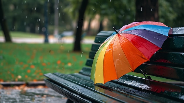A colorful umbrella sits on a park bench on a rainy day