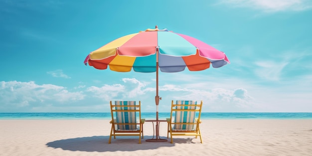 Colorful umbrella with beach chairs on tropical beach blue sky background Generative AI