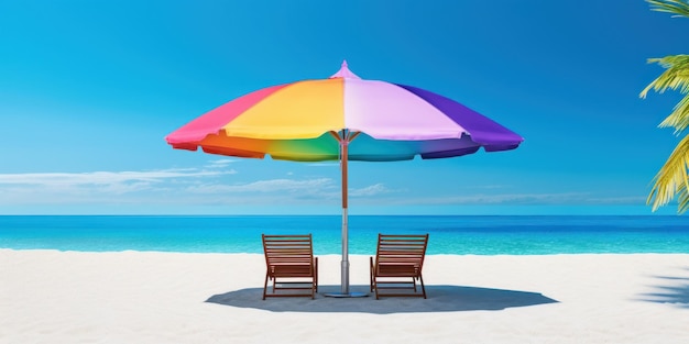 Colorful umbrella with beach chairs on tropical beach blue sky background Generative AI