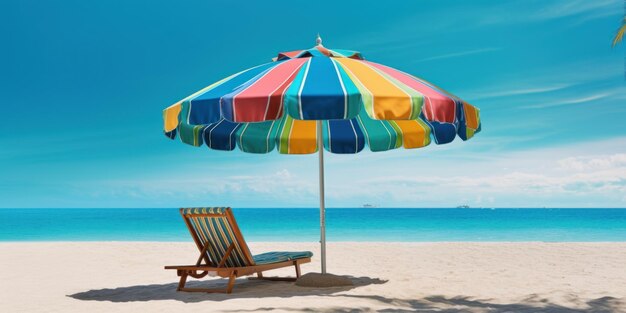 Foto ombrellone colorato con sedie a sdraio sulla spiaggia tropicale sfondo cielo blu ia generativa