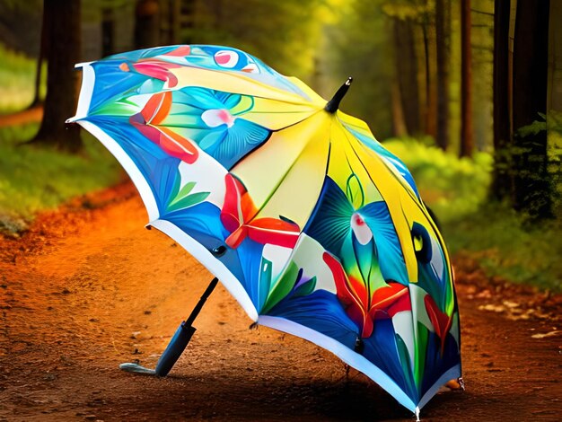 A colorful umbrella with a bird on it is on a dirt road