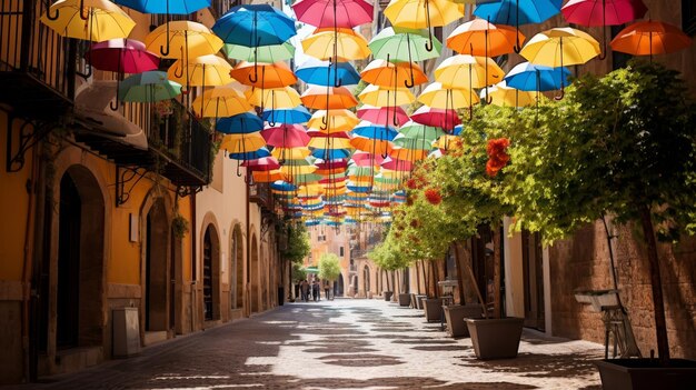 Colorful umbrellas dangle above a bustling street creating a vibrant canopy for passersby