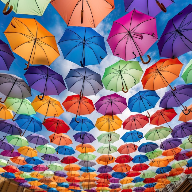 colorful umbrellas float in the sky