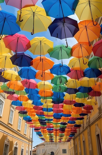 colorful umbrellas float in the sky