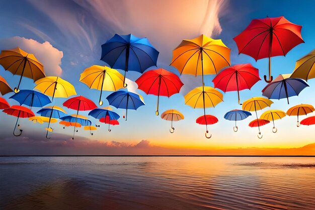 colorful umbrellas floating in the sky above the ocean