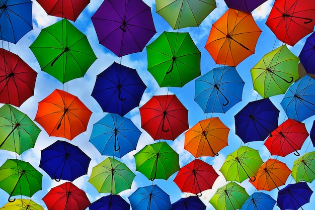 Colorful umbrellas floating above the street on a blue sky