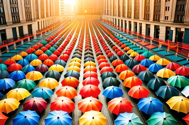 colorful umbrellas in a row of rows of rows of rows of ones