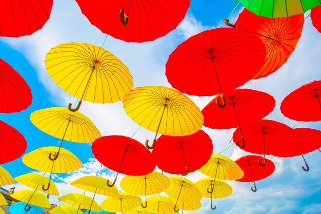  Colorful umbrellas in the sky. Street decoration.