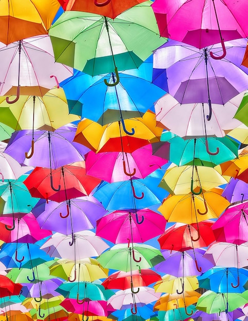 Colorful umbrellas in a street of the town