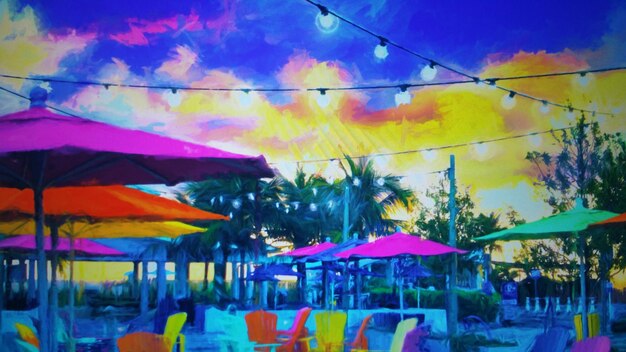 Colorful umbrellas on table against sky